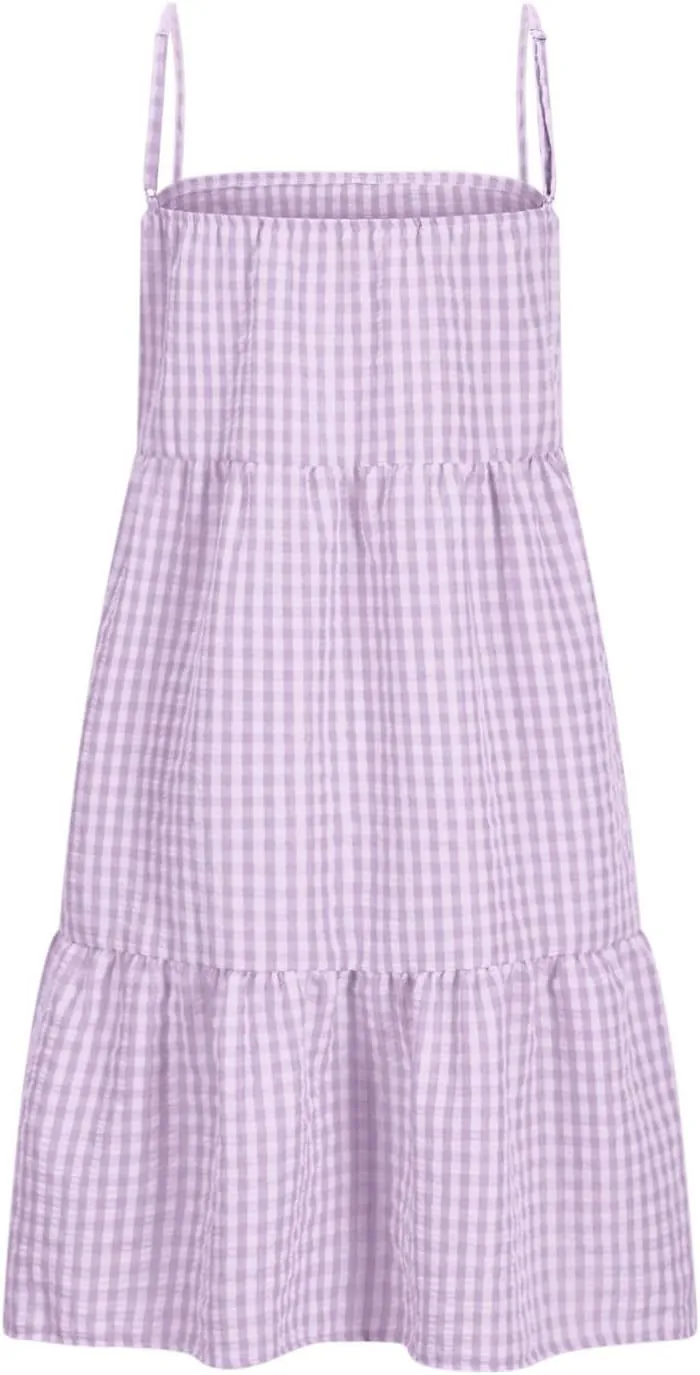 Womens Plaid A-Line Tank Dresses Spaghetti Straps Tiered Ruffle Hem Swing Flowy Casual Mini Dress with Side Pockets