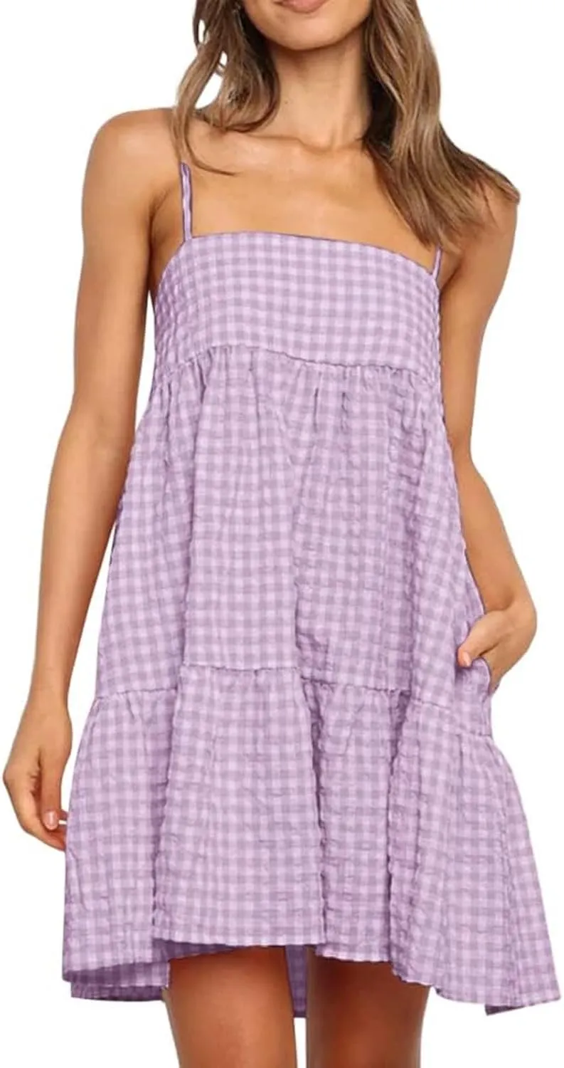 Womens Plaid A-Line Tank Dresses Spaghetti Straps Tiered Ruffle Hem Swing Flowy Casual Mini Dress with Side Pockets