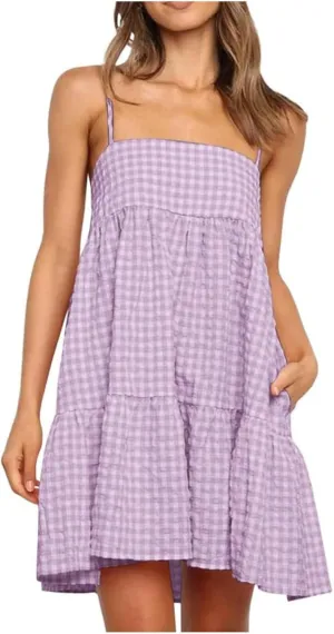 Womens Plaid A-Line Tank Dresses Spaghetti Straps Tiered Ruffle Hem Swing Flowy Casual Mini Dress with Side Pockets