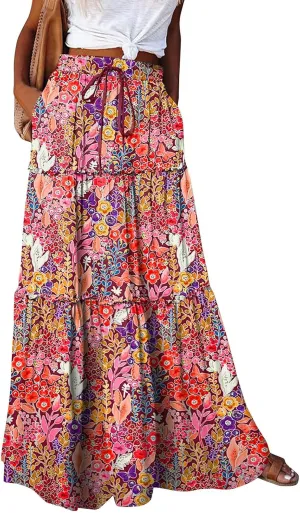 Womens Pleated A-Line Elastic High Waist Maxi Skirt 2025 Summer Casual Trendy Flowy Swing Boho Long Beach Dress