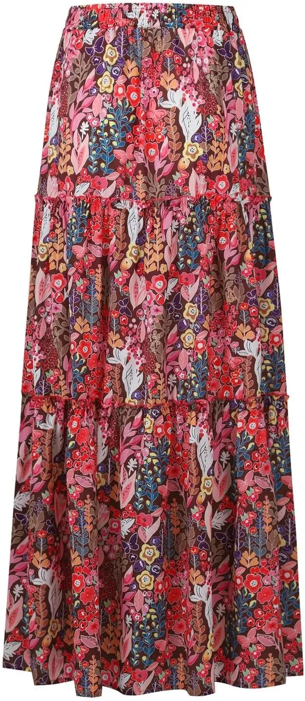 Womens Pleated A-Line Elastic High Waist Maxi Skirt 2025 Summer Casual Trendy Flowy Swing Boho Long Beach Dress