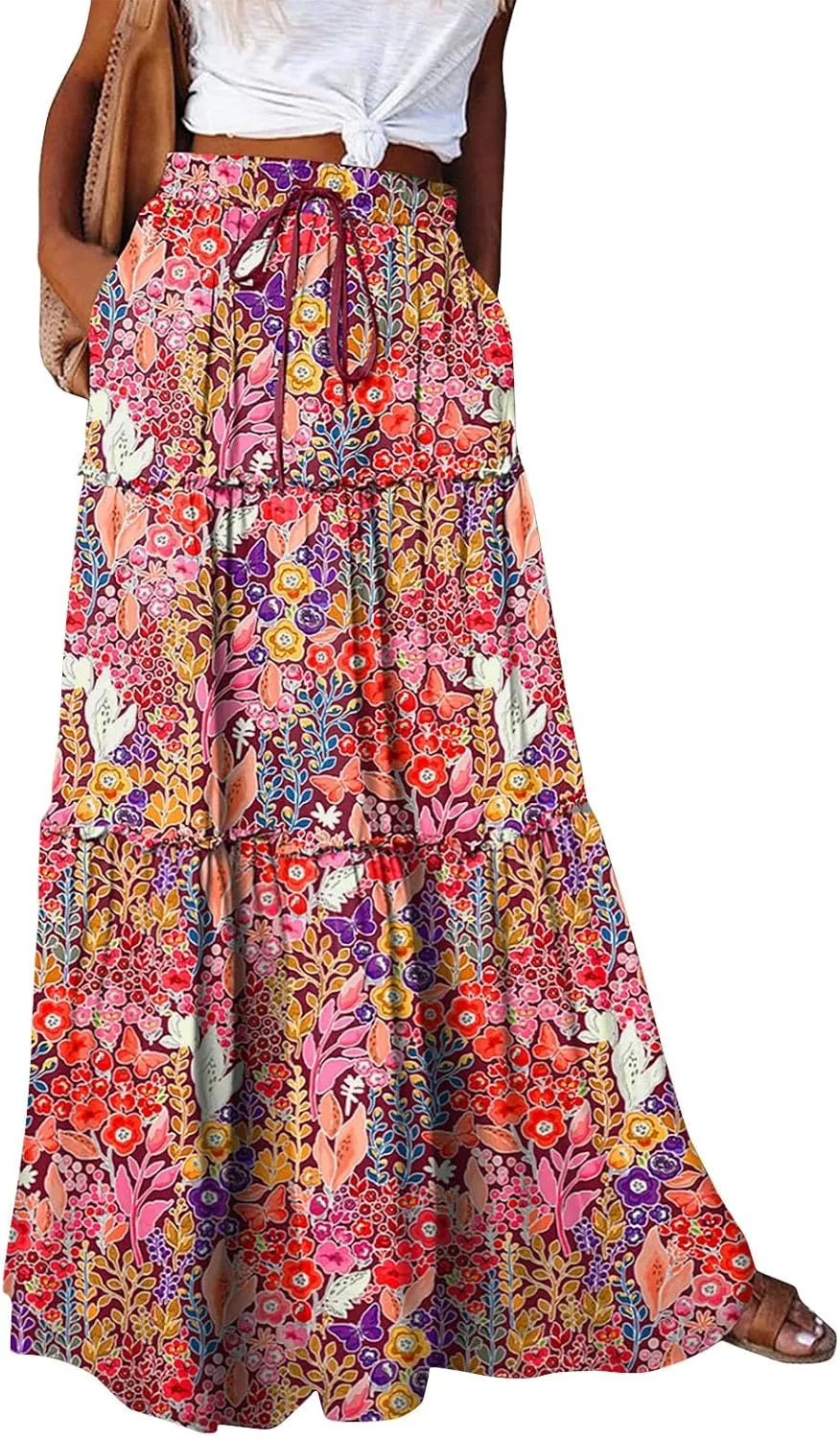 Womens Pleated A-Line Elastic High Waist Maxi Skirt 2025 Summer Casual Trendy Flowy Swing Boho Long Beach Dress