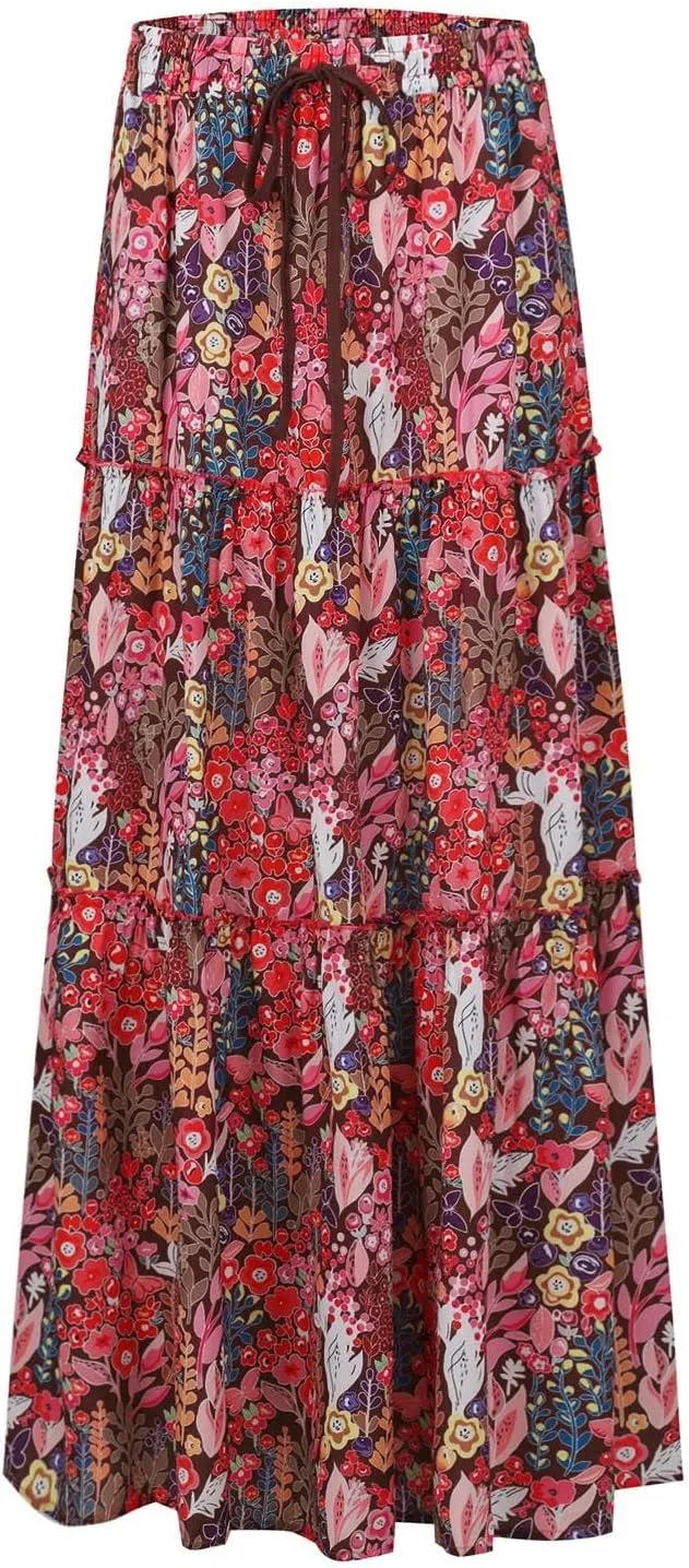 Womens Pleated A-Line Elastic High Waist Maxi Skirt 2025 Summer Casual Trendy Flowy Swing Boho Long Beach Dress