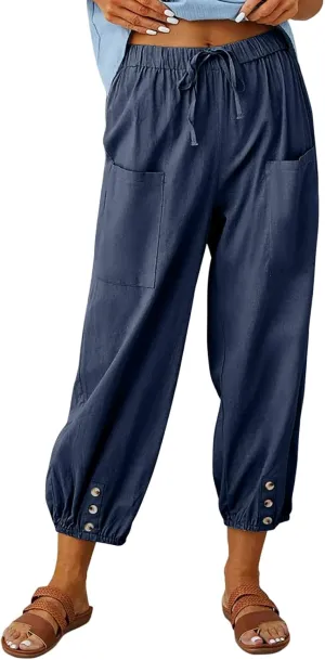 Women's Plus Size Capri Pants High Waist Drawstring Cinch Cotton Linen Casual Button Trouser with Pockets