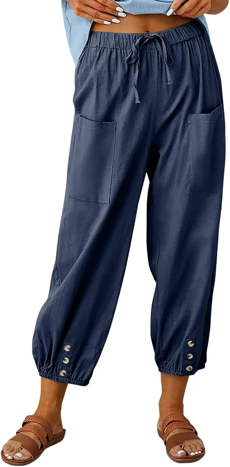 Women's Plus Size Capri Pants High Waist Drawstring Cinch Cotton Linen Casual Button Trouser with Pockets