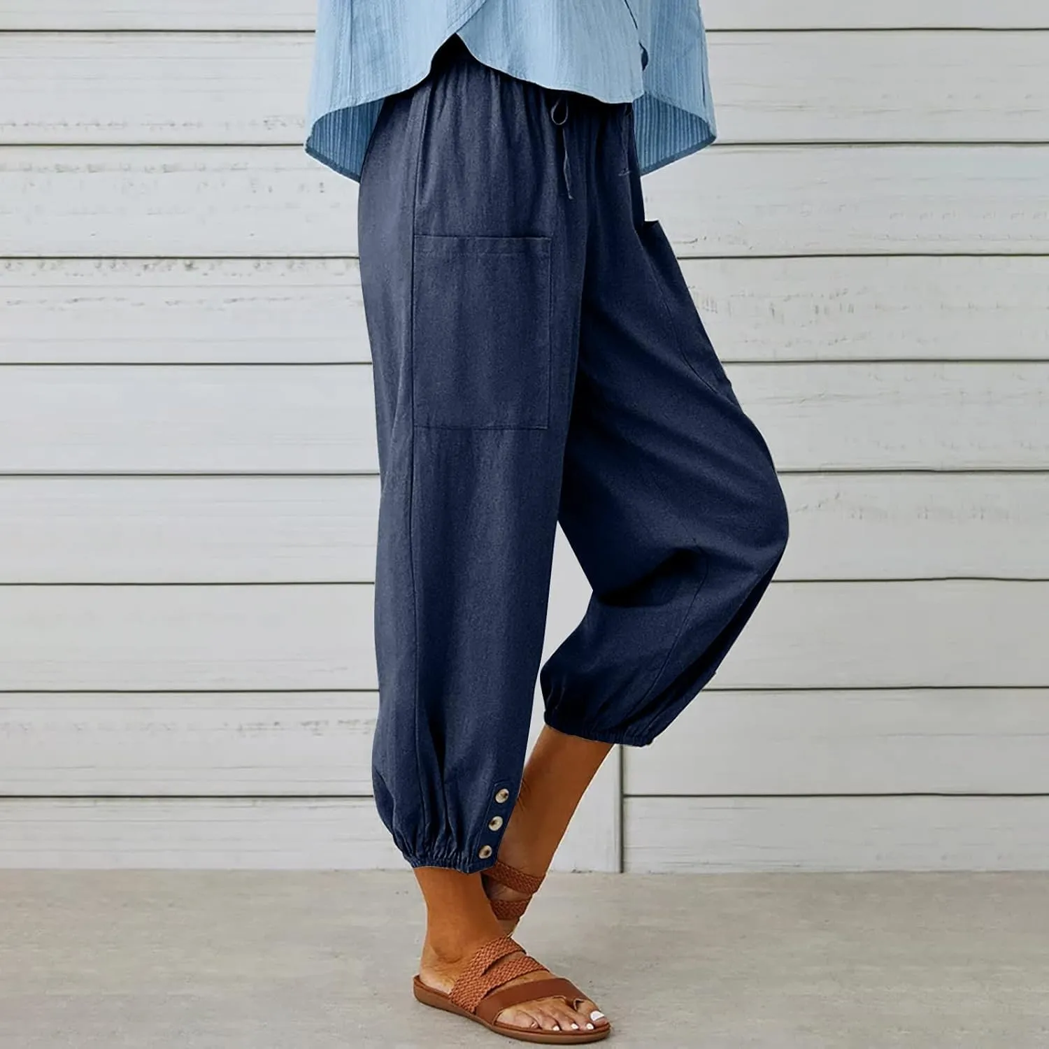 Women's Plus Size Capri Pants High Waist Drawstring Cinch Cotton Linen Casual Button Trouser with Pockets