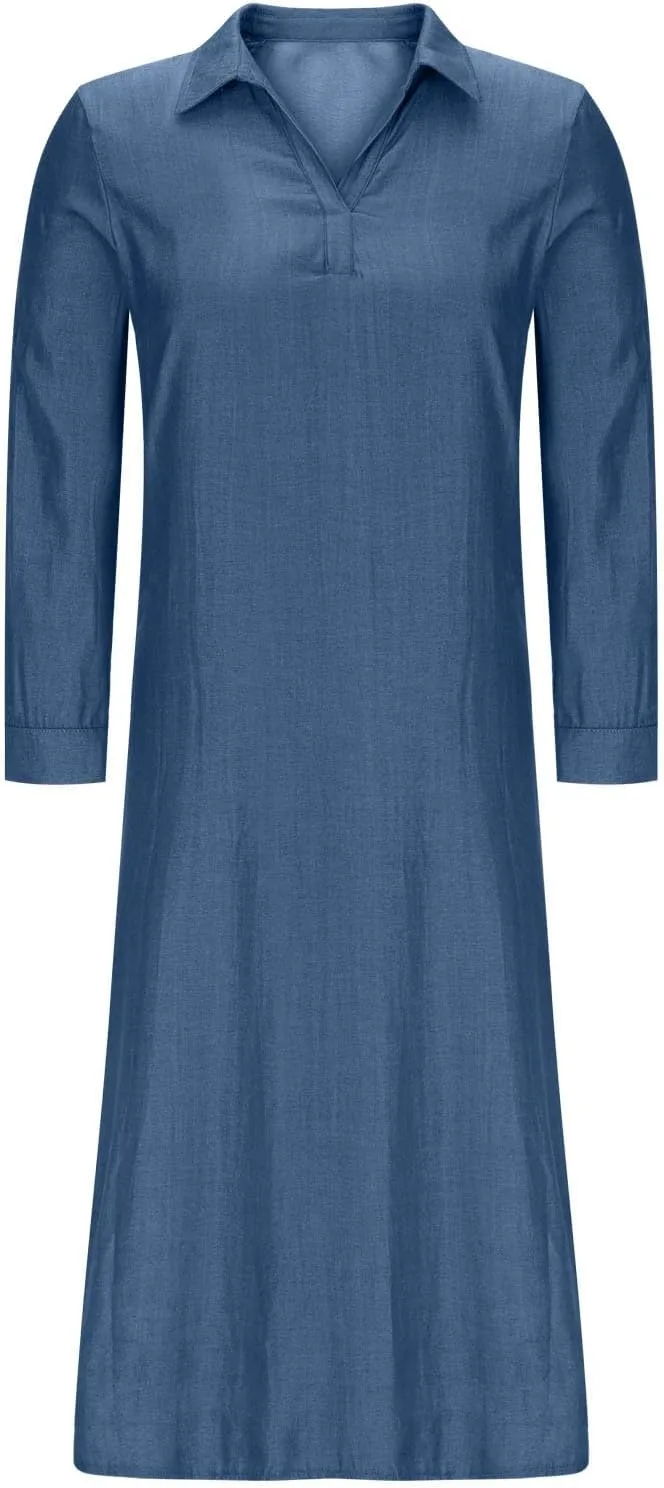 Womens Plus Size Dress Casual Loose Fit Collared V Neck Long Sleeve Maxi Dresses Solid Color Business Work Sundress