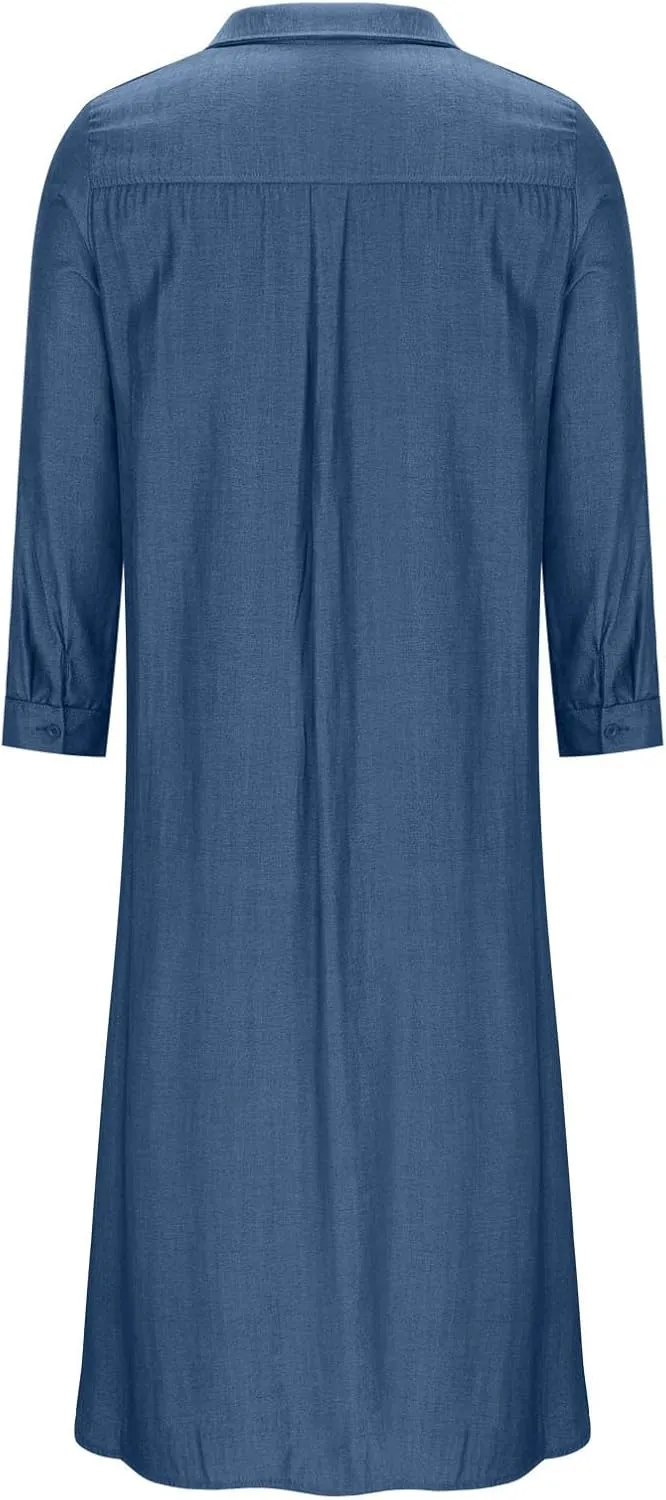 Womens Plus Size Dress Casual Loose Fit Collared V Neck Long Sleeve Maxi Dresses Solid Color Business Work Sundress