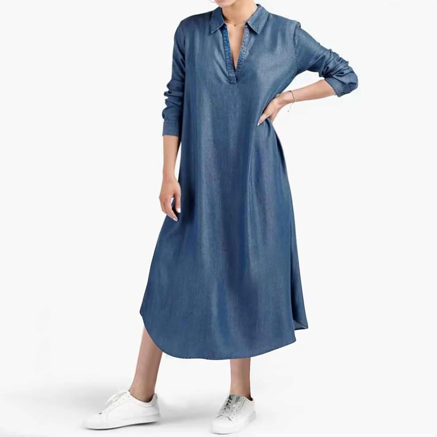Womens Plus Size Dress Casual Loose Fit Collared V Neck Long Sleeve Maxi Dresses Solid Color Business Work Sundress