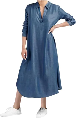 Womens Plus Size Dress Casual Loose Fit Collared V Neck Long Sleeve Maxi Dresses Solid Color Business Work Sundress