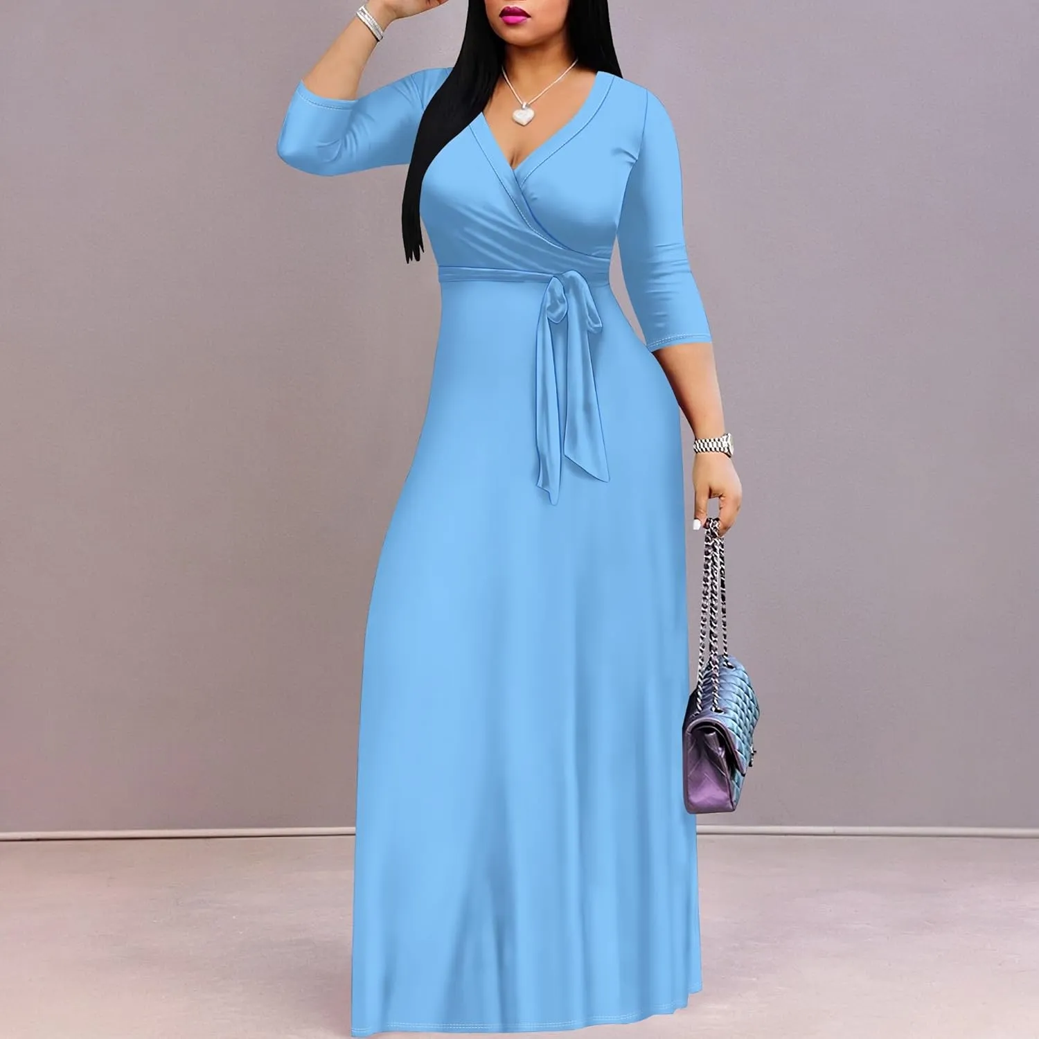 Women's Plus Size Maxi Dress Sexy V Neck 3/4 Sleeves Solid Color A Line Long Dresses Printed Swing Sundress with Belt