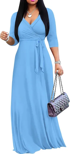 Women's Plus Size Maxi Dress Sexy V Neck 3/4 Sleeves Solid Color A Line Long Dresses Printed Swing Sundress with Belt