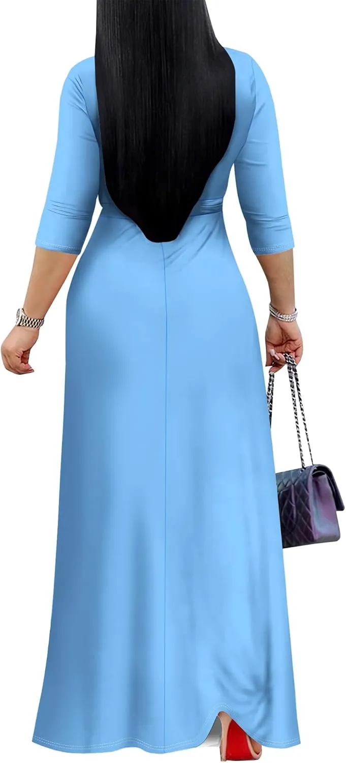 Women's Plus Size Maxi Dress Sexy V Neck 3/4 Sleeves Solid Color A Line Long Dresses Printed Swing Sundress with Belt