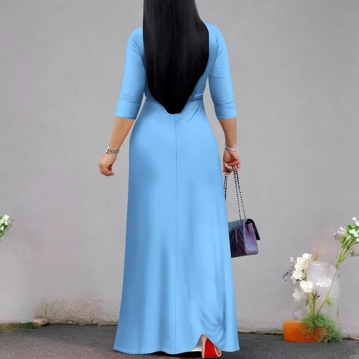 Women's Plus Size Maxi Dress Sexy V Neck 3/4 Sleeves Solid Color A Line Long Dresses Printed Swing Sundress with Belt