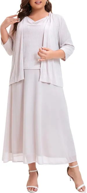 Women's Plus Size Mother of The Bride Suits Tea Length Glimmer Jacket Dress Set Formal Evening Gowns
