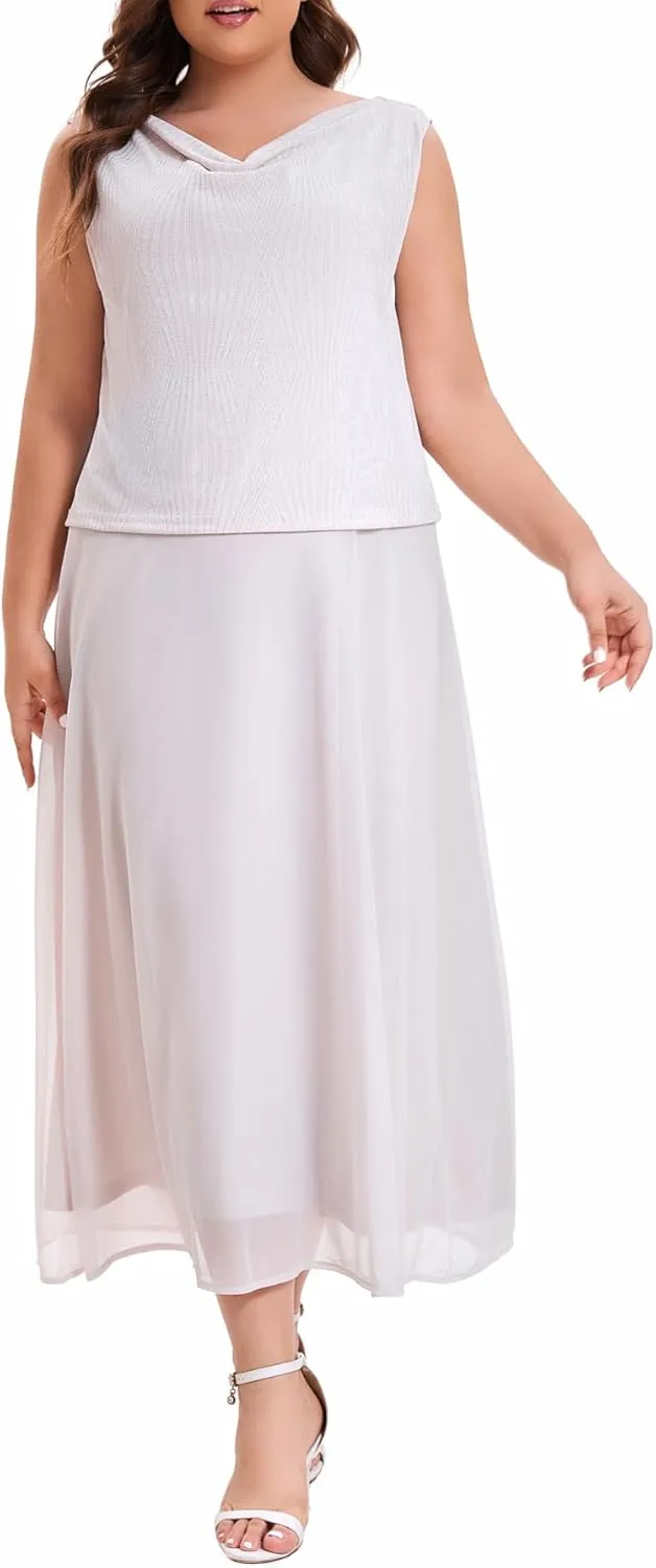 Women's Plus Size Mother of The Bride Suits Tea Length Glimmer Jacket Dress Set Formal Evening Gowns