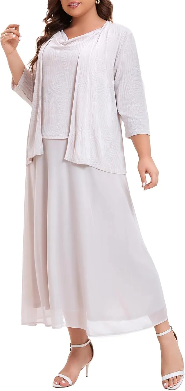 Women's Plus Size Mother of The Bride Suits Tea Length Glimmer Jacket Dress Set Formal Evening Gowns