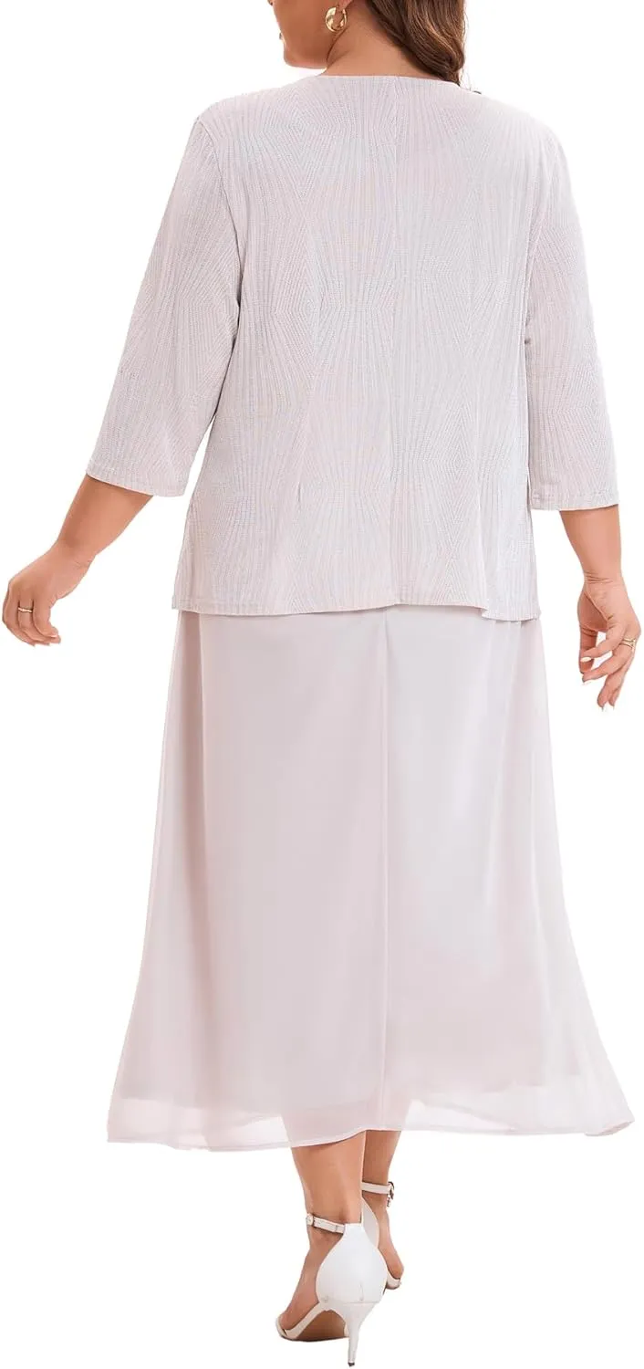 Women's Plus Size Mother of The Bride Suits Tea Length Glimmer Jacket Dress Set Formal Evening Gowns