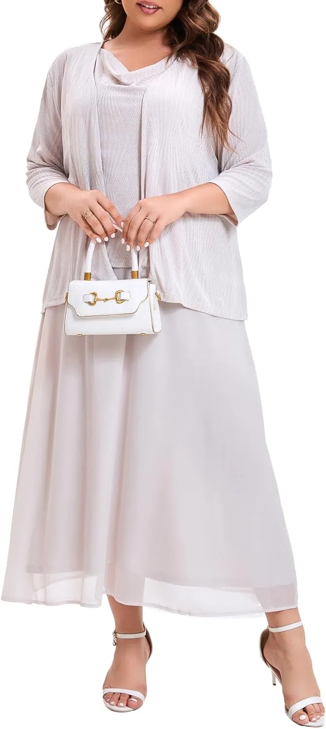 Women's Plus Size Mother of The Bride Suits Tea Length Glimmer Jacket Dress Set Formal Evening Gowns