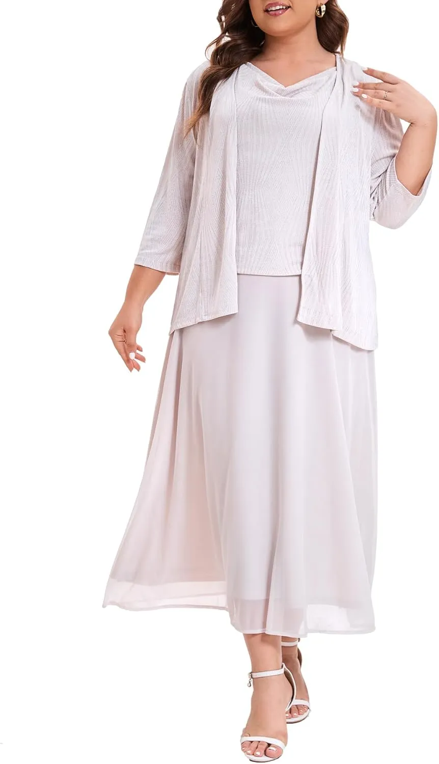 Women's Plus Size Mother of The Bride Suits Tea Length Glimmer Jacket Dress Set Formal Evening Gowns