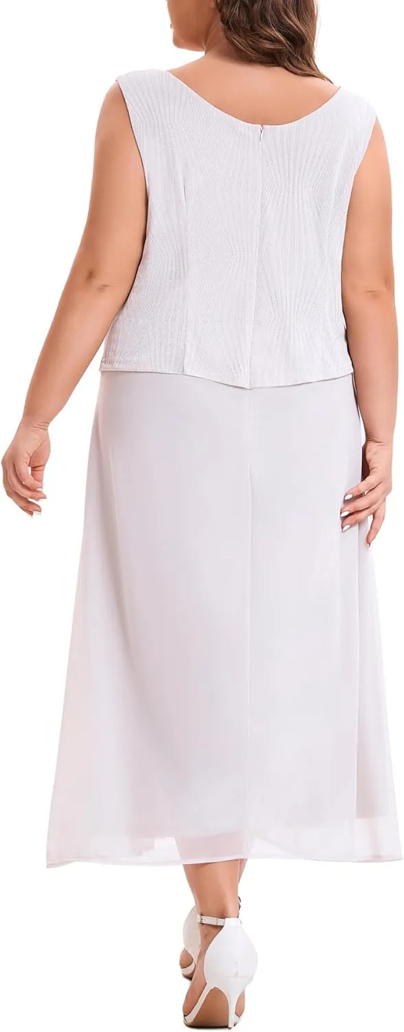 Women's Plus Size Mother of The Bride Suits Tea Length Glimmer Jacket Dress Set Formal Evening Gowns