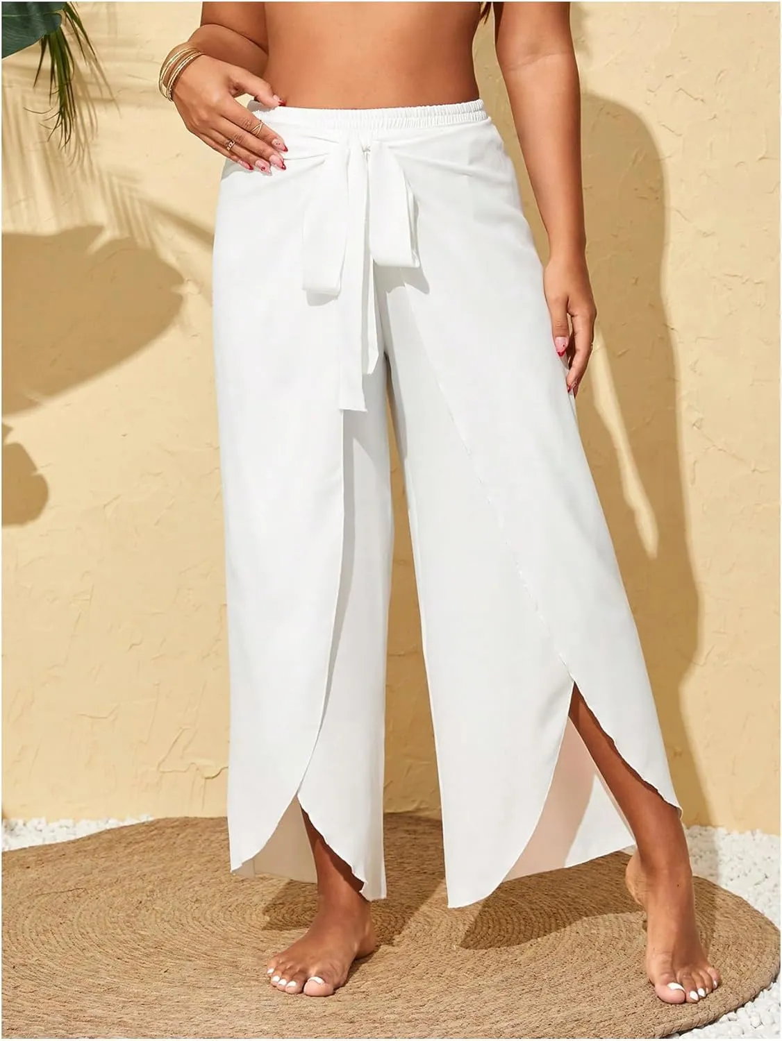 Women's Plus Size Split Wrap Beach Pants Tie Front Flowy Palazzo Pants Bathing Suit Cover Up