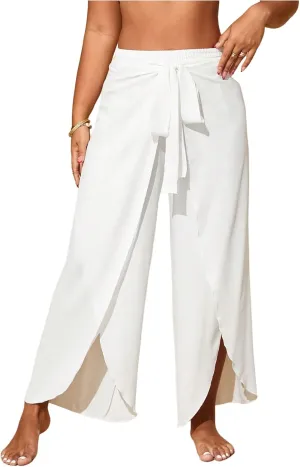 Women's Plus Size Split Wrap Beach Pants Tie Front Flowy Palazzo Pants Bathing Suit Cover Up