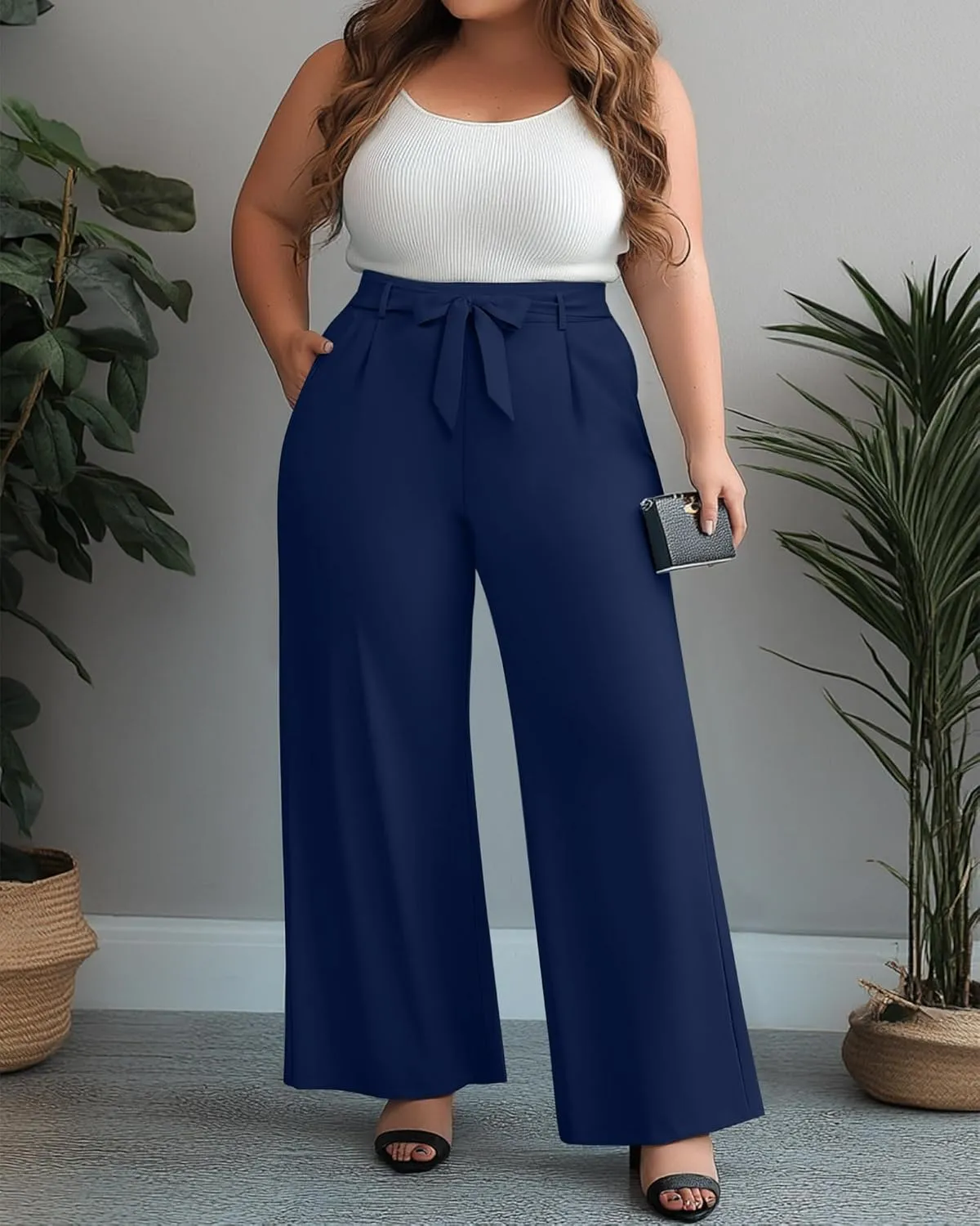 Women's Plus Size Wide Leg Dress Pants High Waist Palazzo Adjustable Knot Casual Business Trousers with Pockets
