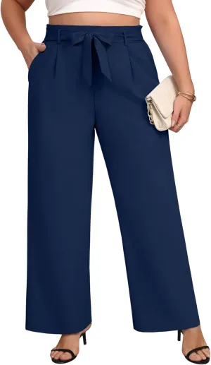Women's Plus Size Wide Leg Dress Pants High Waist Palazzo Adjustable Knot Casual Business Trousers with Pockets