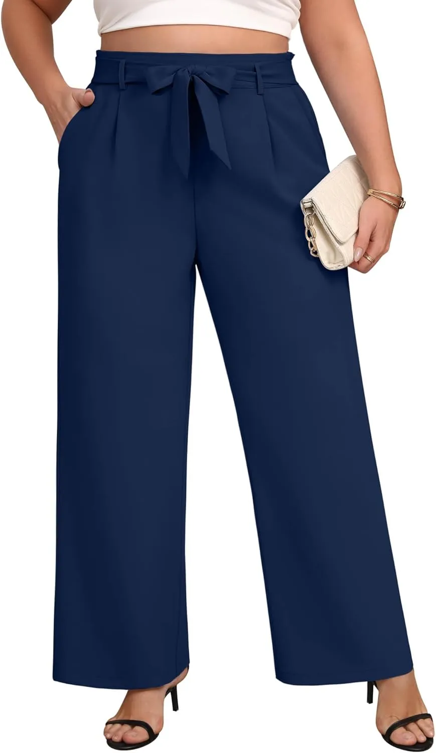 Women's Plus Size Wide Leg Dress Pants High Waist Palazzo Adjustable Knot Casual Business Trousers with Pockets