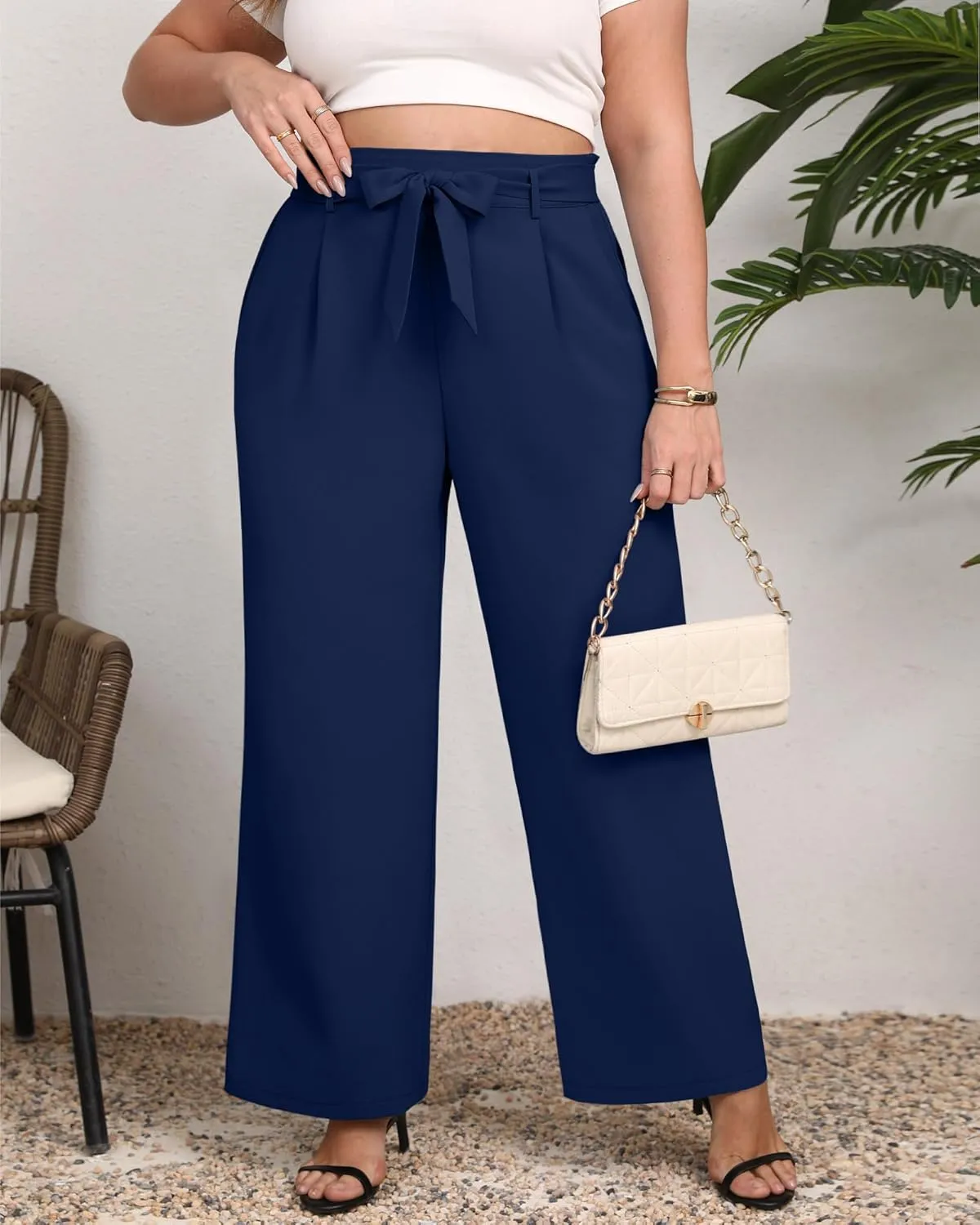 Women's Plus Size Wide Leg Dress Pants High Waist Palazzo Adjustable Knot Casual Business Trousers with Pockets