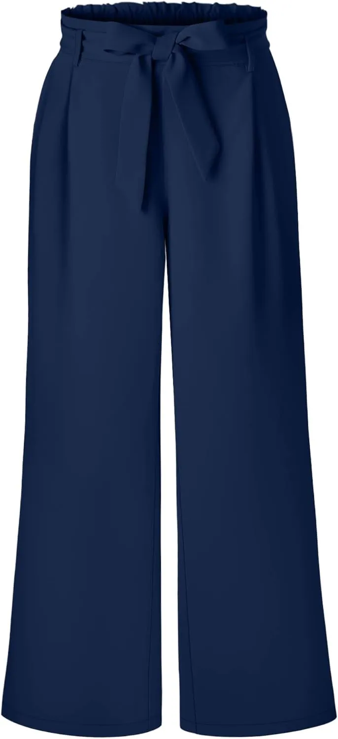 Women's Plus Size Wide Leg Dress Pants High Waist Palazzo Adjustable Knot Casual Business Trousers with Pockets