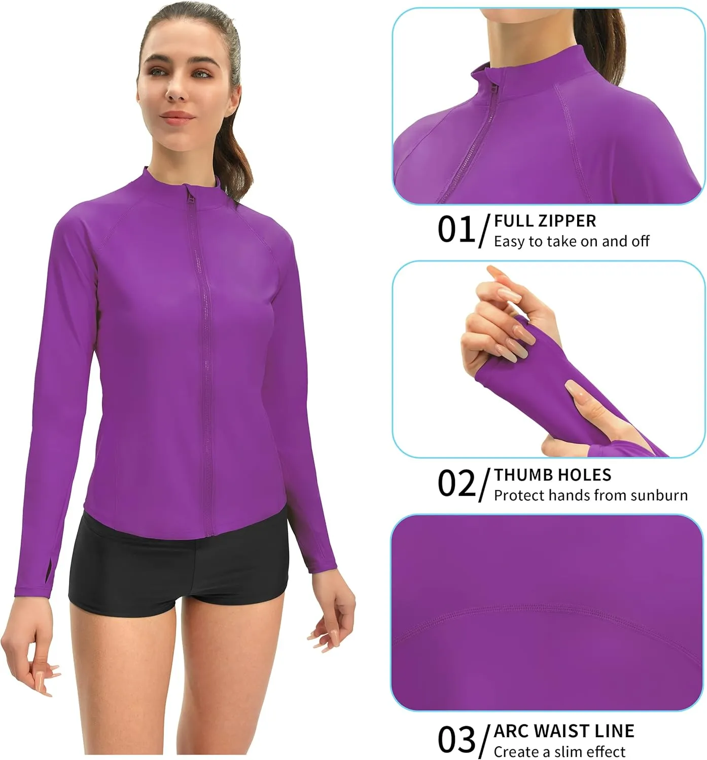 Women's Rash Guard Long Sleeve Zip Front Sun Protection Swim Shirt UPF 50 