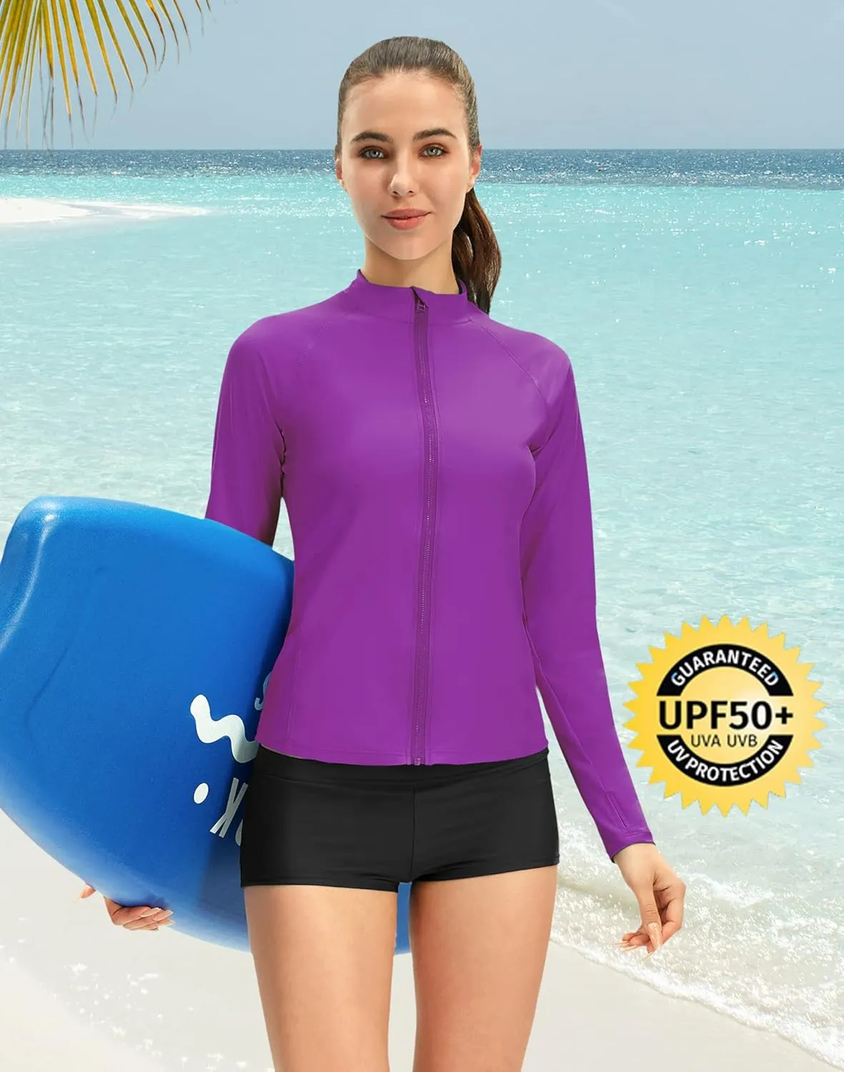 Women's Rash Guard Long Sleeve Zip Front Sun Protection Swim Shirt UPF 50 