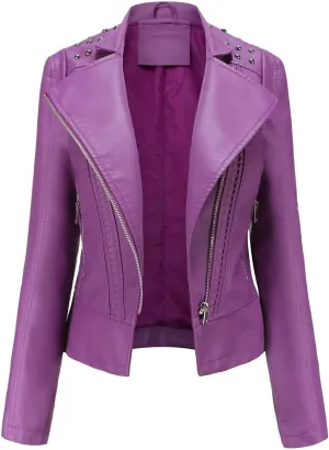 Women's Rivet Studded Faux Leather Motorcycle Short Jacket Punk Fashion Streetwear Coat