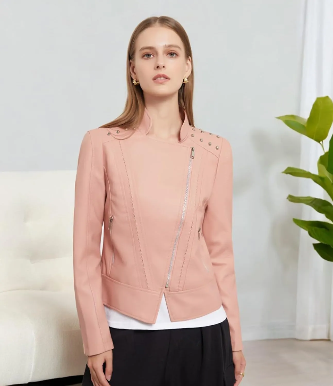 Women's Rivet Studded Faux Leather Motorcycle Short Jacket Punk Fashion Streetwear Coat
