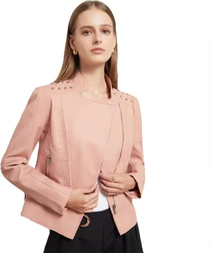 Women's Rivet Studded Faux Leather Motorcycle Short Jacket Punk Fashion Streetwear Coat