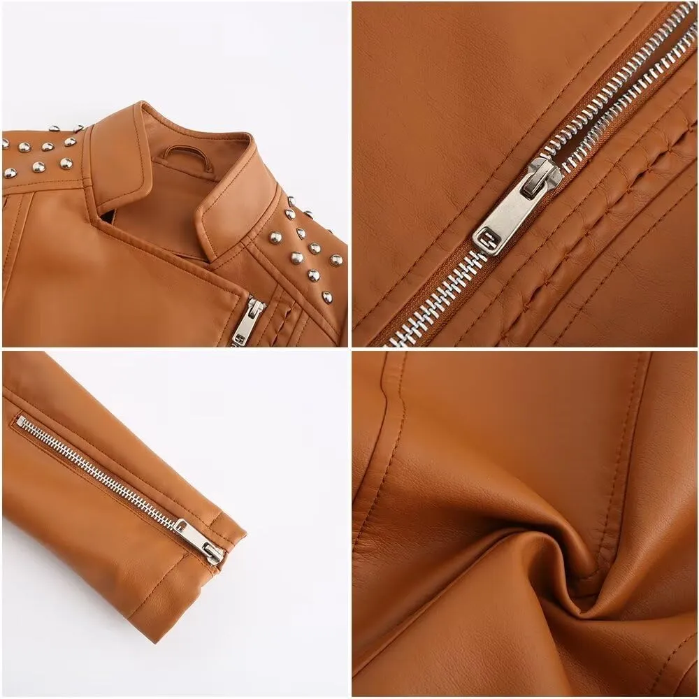 Women's Rivet Studded Faux Leather Motorcycle Short Jacket Punk Fashion Streetwear Coat