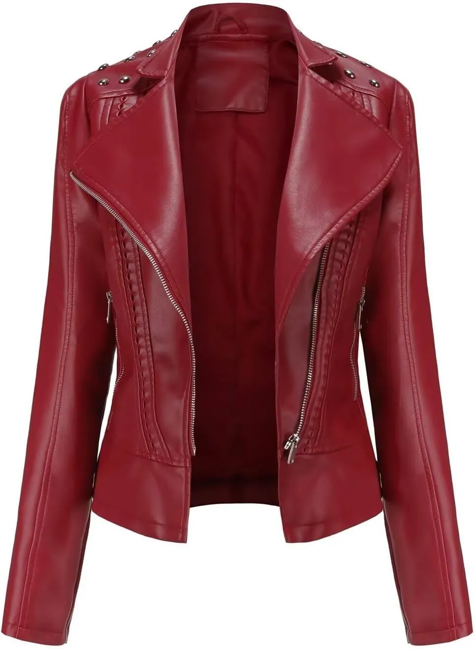 Women's Rivet Studded Faux Leather Motorcycle Short Jacket Punk Fashion Streetwear Coat