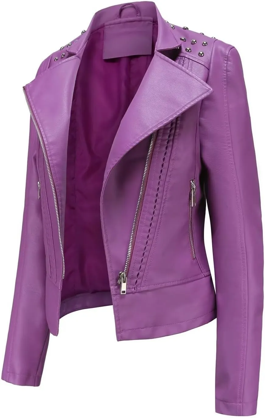 Women's Rivet Studded Faux Leather Motorcycle Short Jacket Punk Fashion Streetwear Coat
