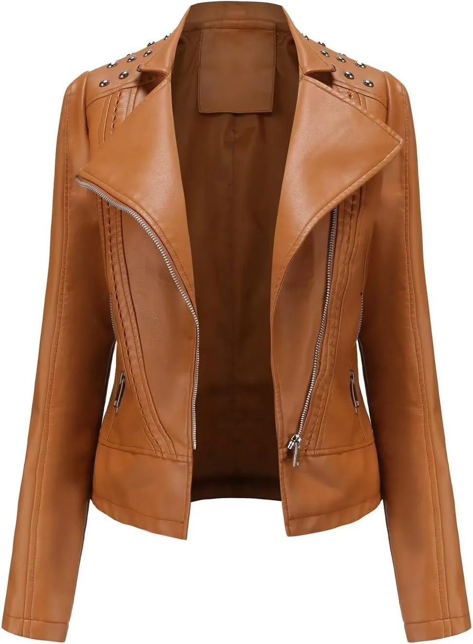 Women's Rivet Studded Faux Leather Motorcycle Short Jacket Punk Fashion Streetwear Coat