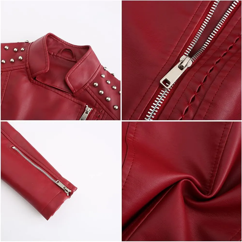 Women's Rivet Studded Faux Leather Motorcycle Short Jacket Punk Fashion Streetwear Coat