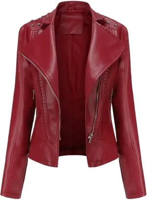 Women's Rivet Studded Faux Leather Motorcycle Short Jacket Punk Fashion Streetwear Coat