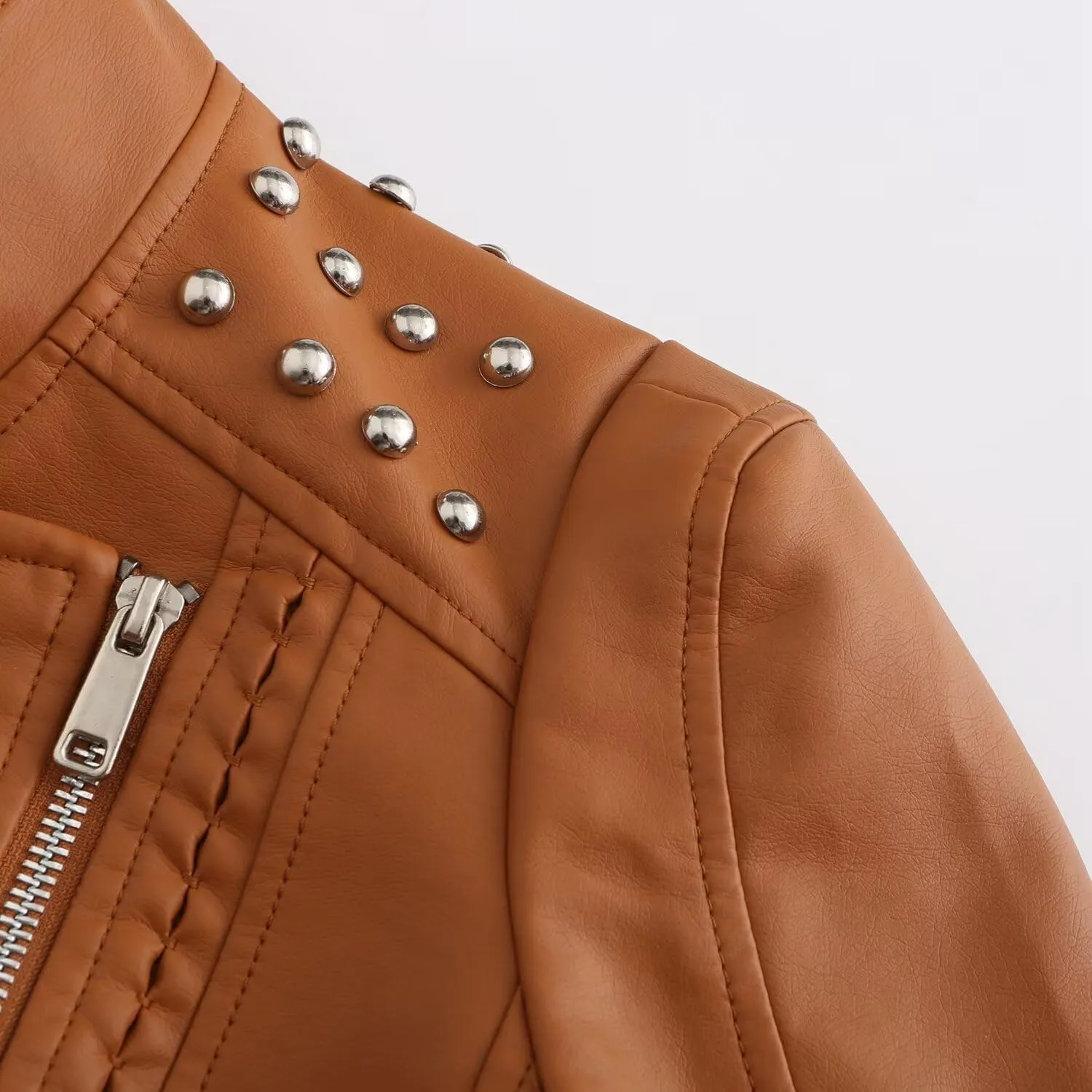 Women's Rivet Studded Faux Leather Motorcycle Short Jacket Punk Fashion Streetwear Coat
