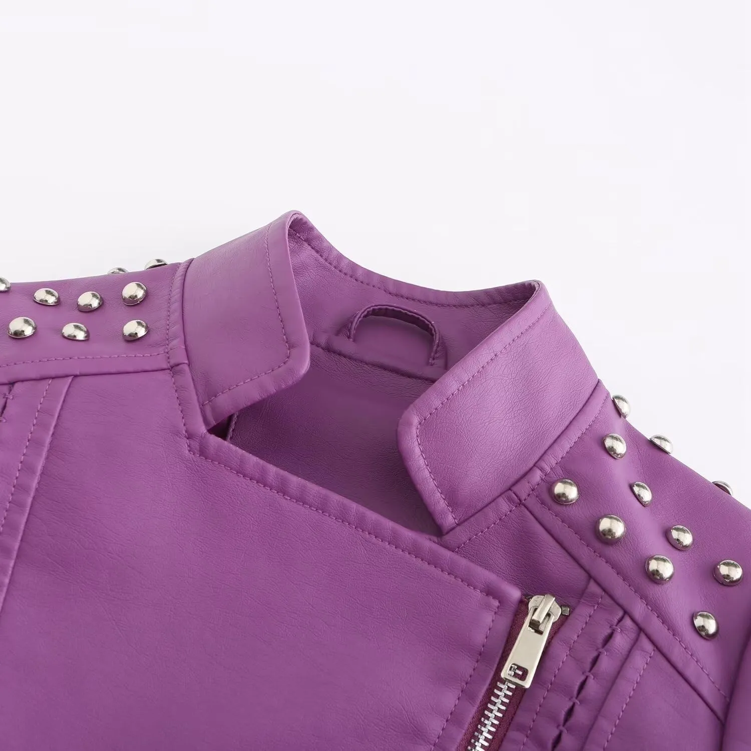 Women's Rivet Studded Faux Leather Motorcycle Short Jacket Punk Fashion Streetwear Coat