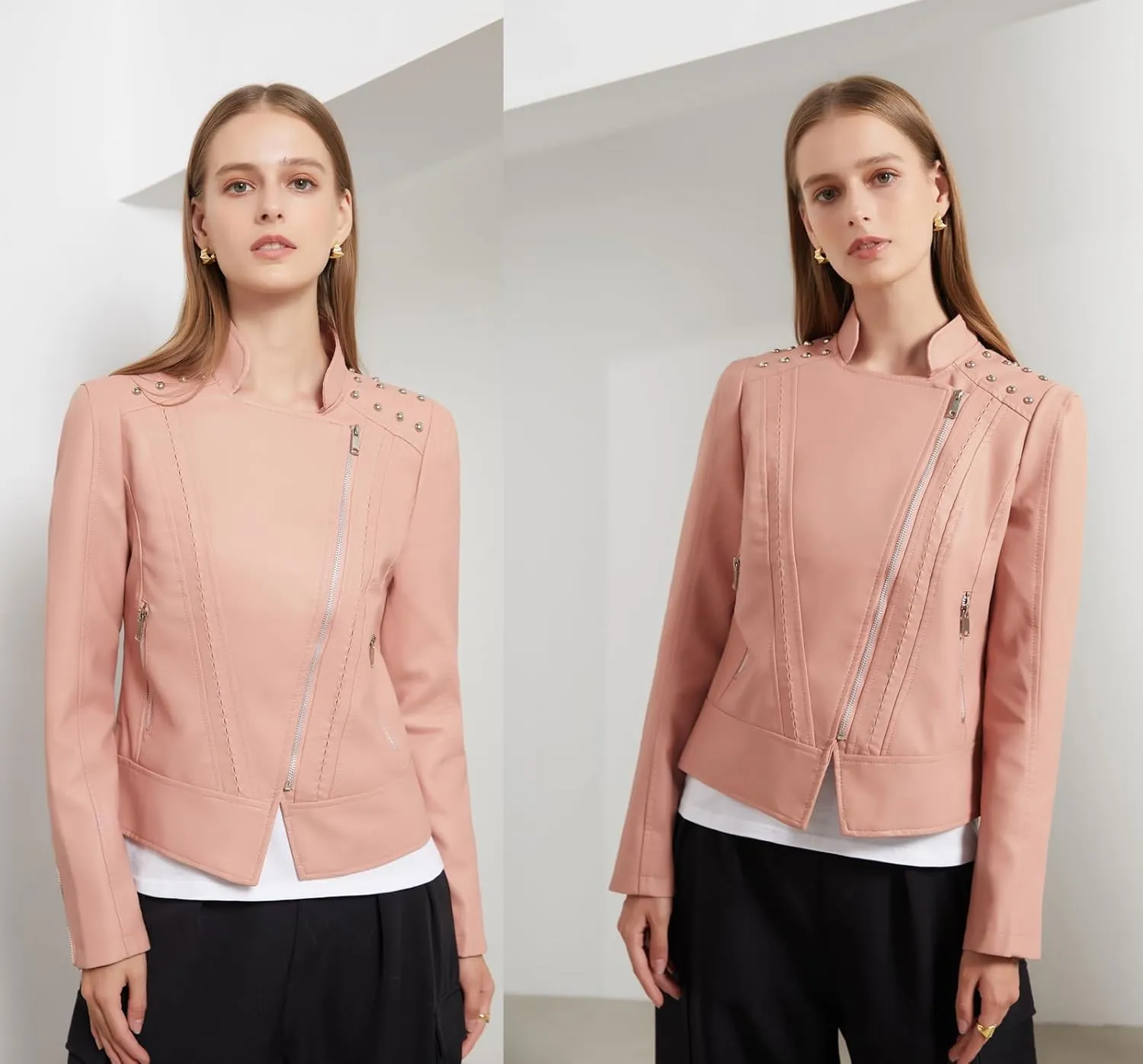 Women's Rivet Studded Faux Leather Motorcycle Short Jacket Punk Fashion Streetwear Coat