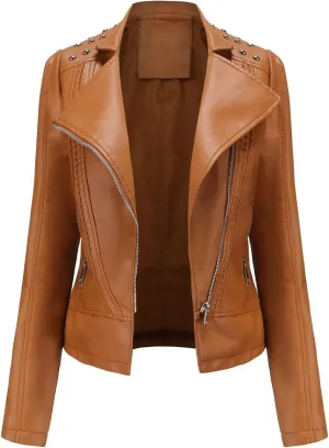 Women's Rivet Studded Faux Leather Motorcycle Short Jacket Punk Fashion Streetwear Coat