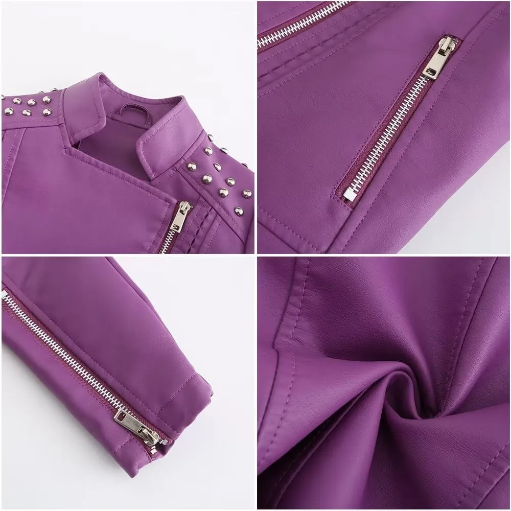 Women's Rivet Studded Faux Leather Motorcycle Short Jacket Punk Fashion Streetwear Coat