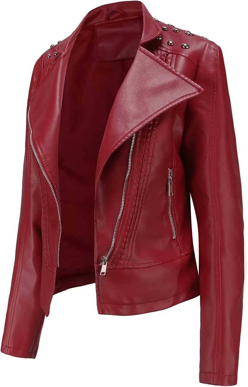 Women's Rivet Studded Faux Leather Motorcycle Short Jacket Punk Fashion Streetwear Coat