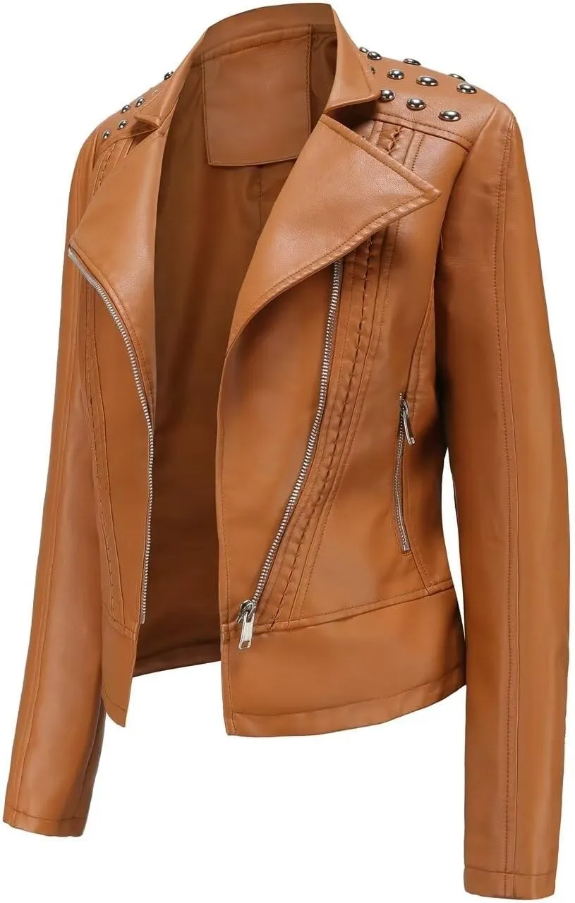 Women's Rivet Studded Faux Leather Motorcycle Short Jacket Punk Fashion Streetwear Coat